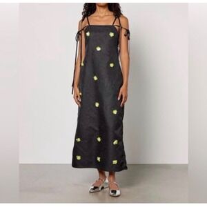 DREAM - Black Floral Applique Midi Dress‎ Square Neck Tie Shoulder Ribbon Detail